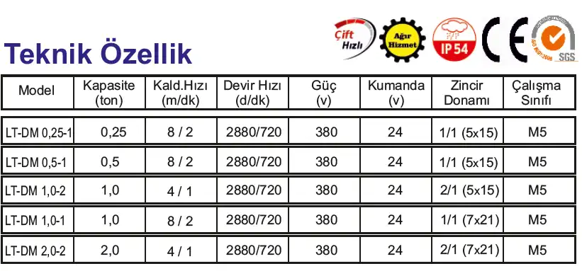 DM Serisi Sabit Askılı Çift Hızlı Zincirli Vinç 0,25t – 2t 1 dm serisi teknik gorsel